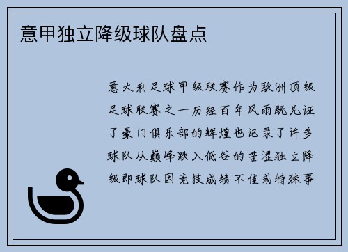 意甲独立降级球队盘点